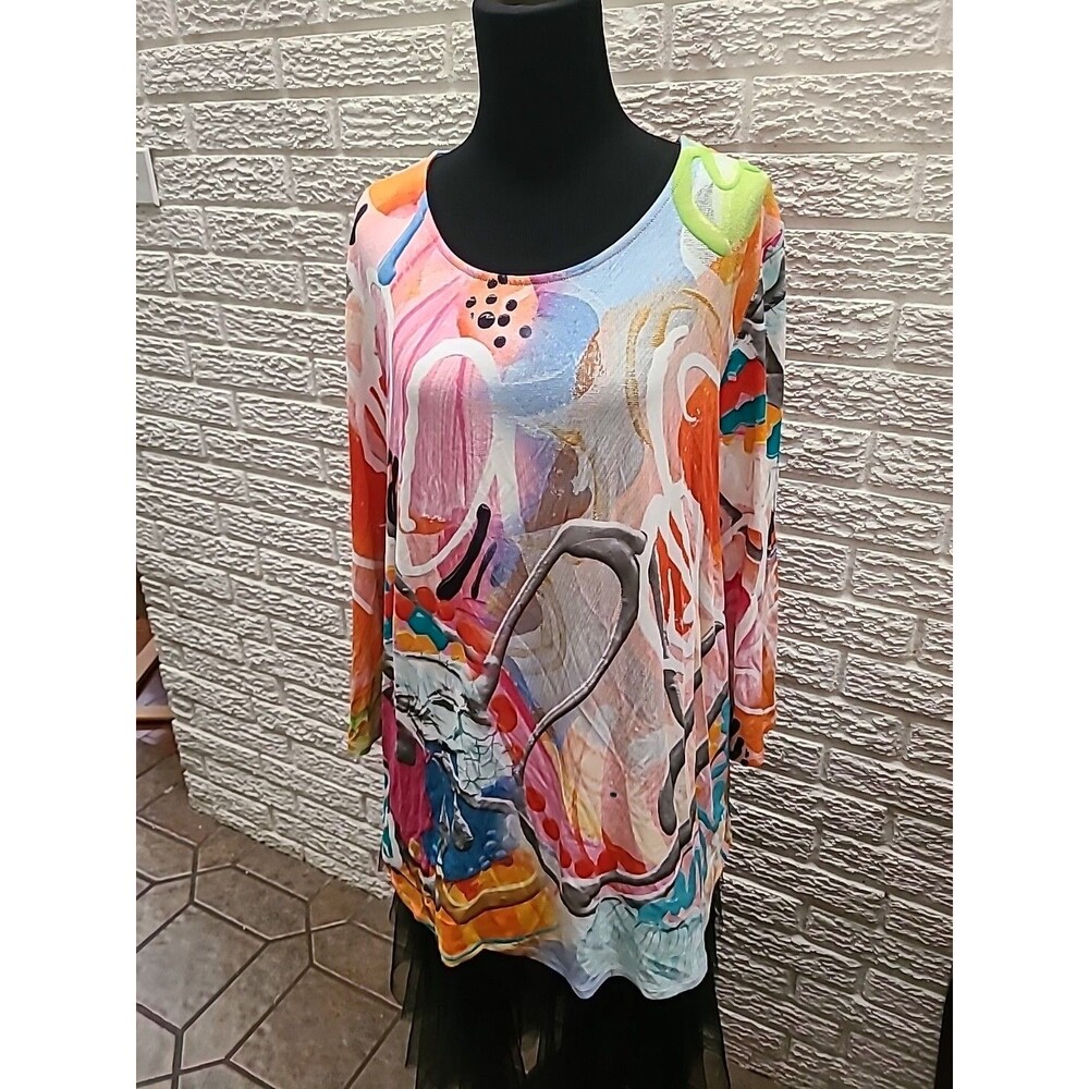 CLAIRE DESJARDINS Women's Size XL Abstract Art to Wear 3/4 Sleeve Funky Loud Top - Picture 1 of 6